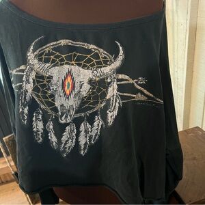 Ralph Lauren D&S Cropped Off The Shoulder Distressed Costal Cowgirl Sweatshirt